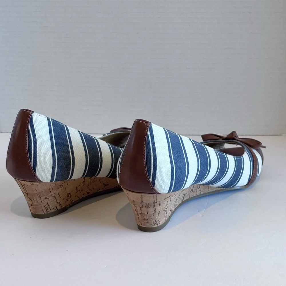 Kelly & Katie Women's Open Toe Low Wedge Cork Heel Blue White Stripe Fabric Shoe
